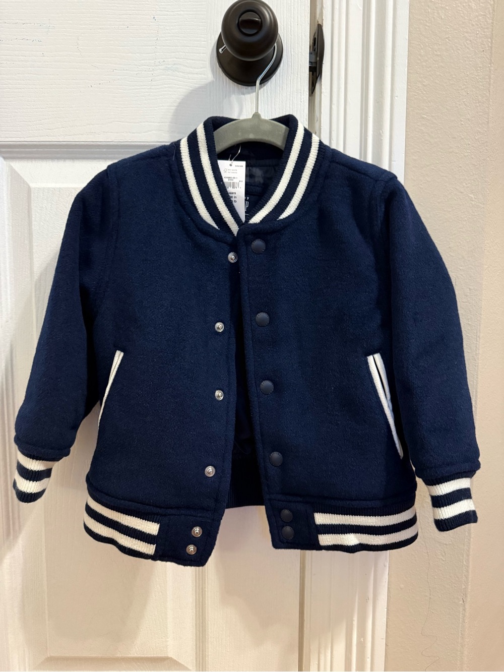 GAP Navy Varsity Bomber Jacket with White Stripe Trim